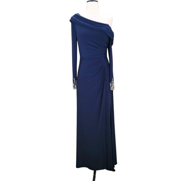 Mac Duggal 12231 Midnight Navy Blue 6 Long Sleeve Formal Maxi Gown Dress - Picture 2 of 10